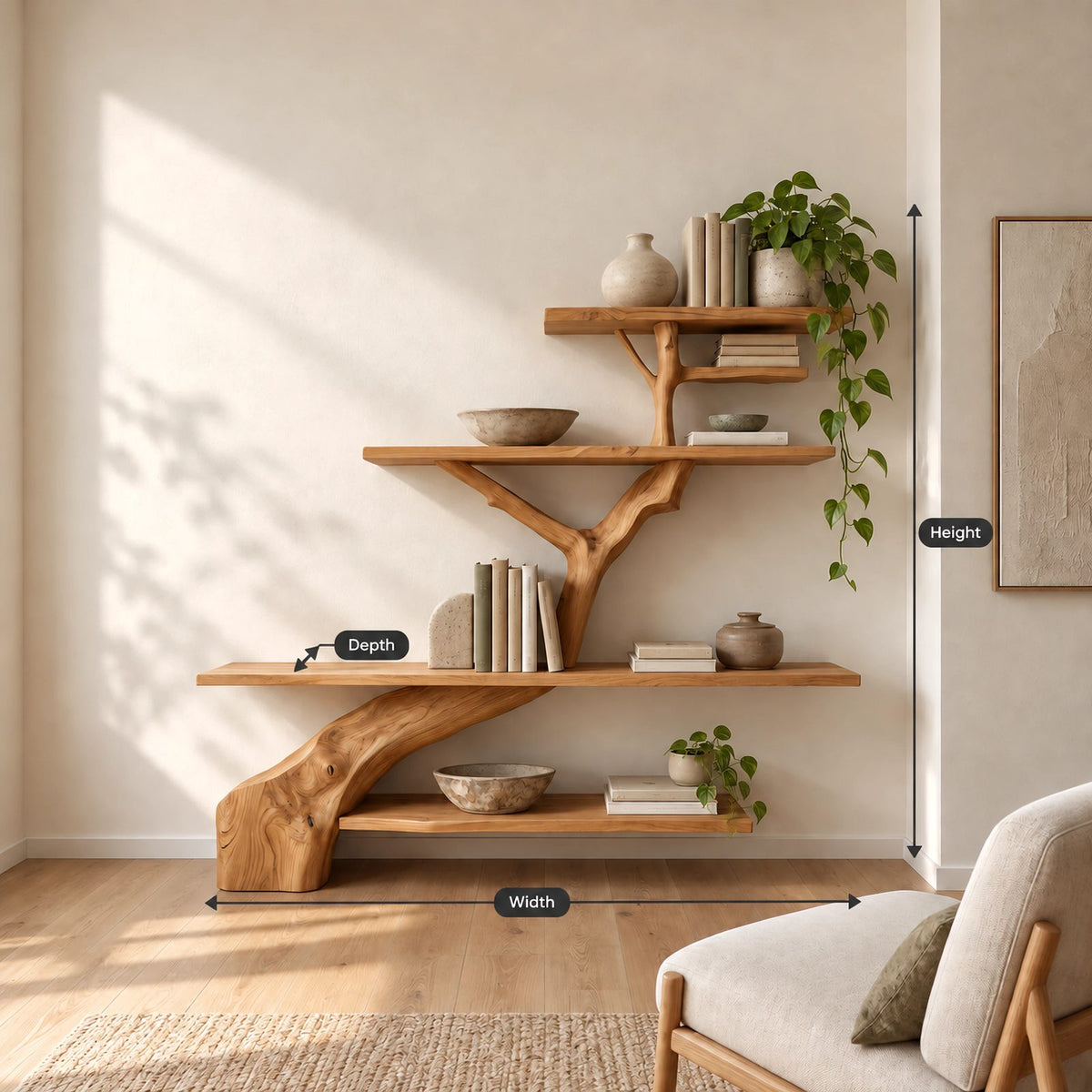 Minimalist Tree Trunk Wall Bookshelf With Tiered Shelves For Living Room
