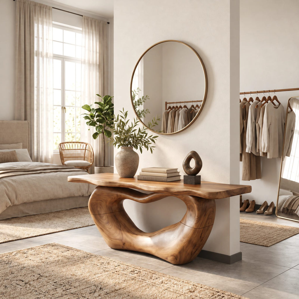 Organic Live Edge Console Table With Sculpted Loop Base For Entryway