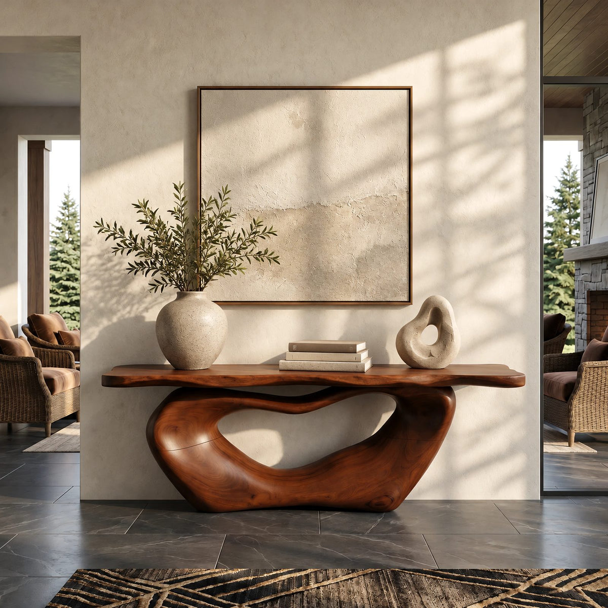 Organic Live Edge Console Table With Sculpted Loop Base For Entryway