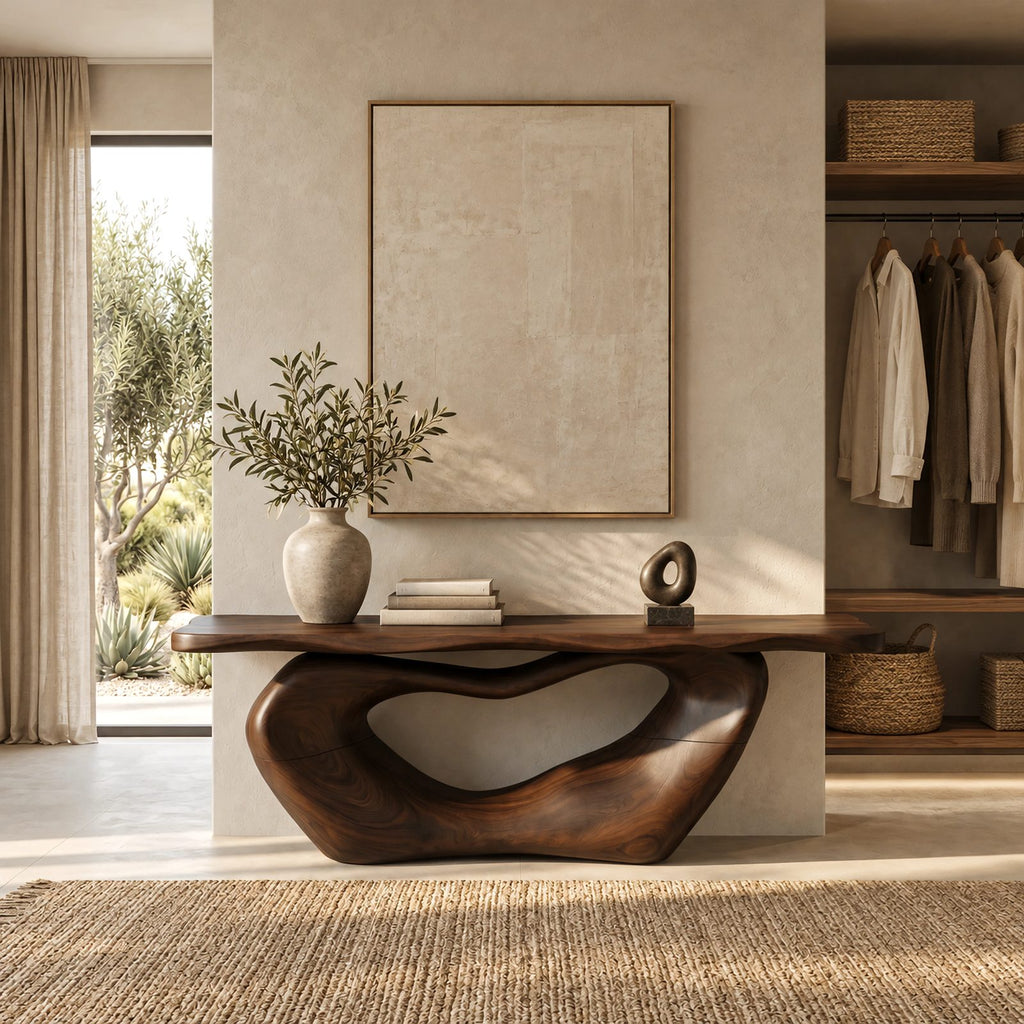 Organic Live Edge Console Table With Sculpted Loop Base For Entryway
