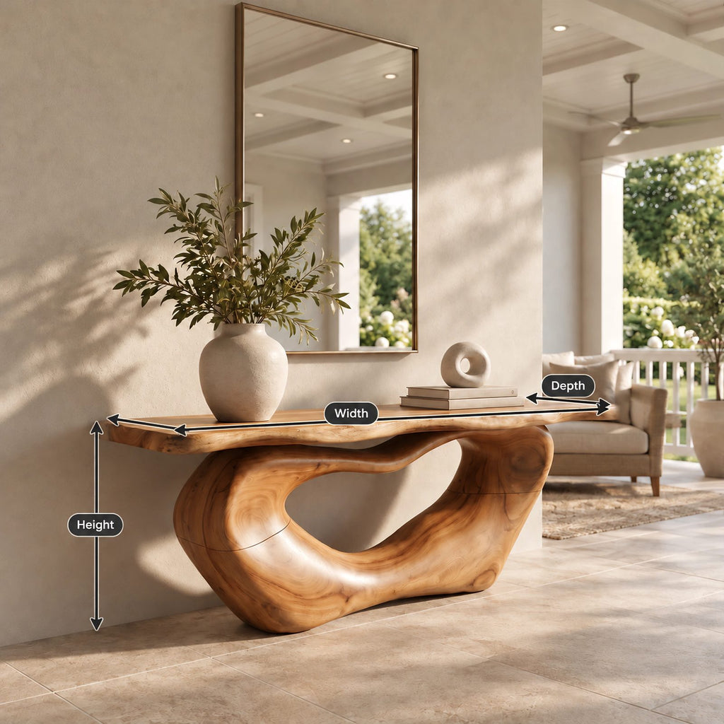 Organic Live Edge Console Table With Sculpted Loop Base For Entryway