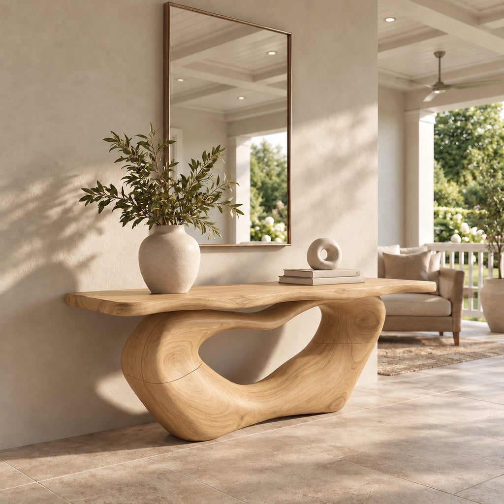 Organic Live Edge Console Table With Sculpted Loop Base For Entryway