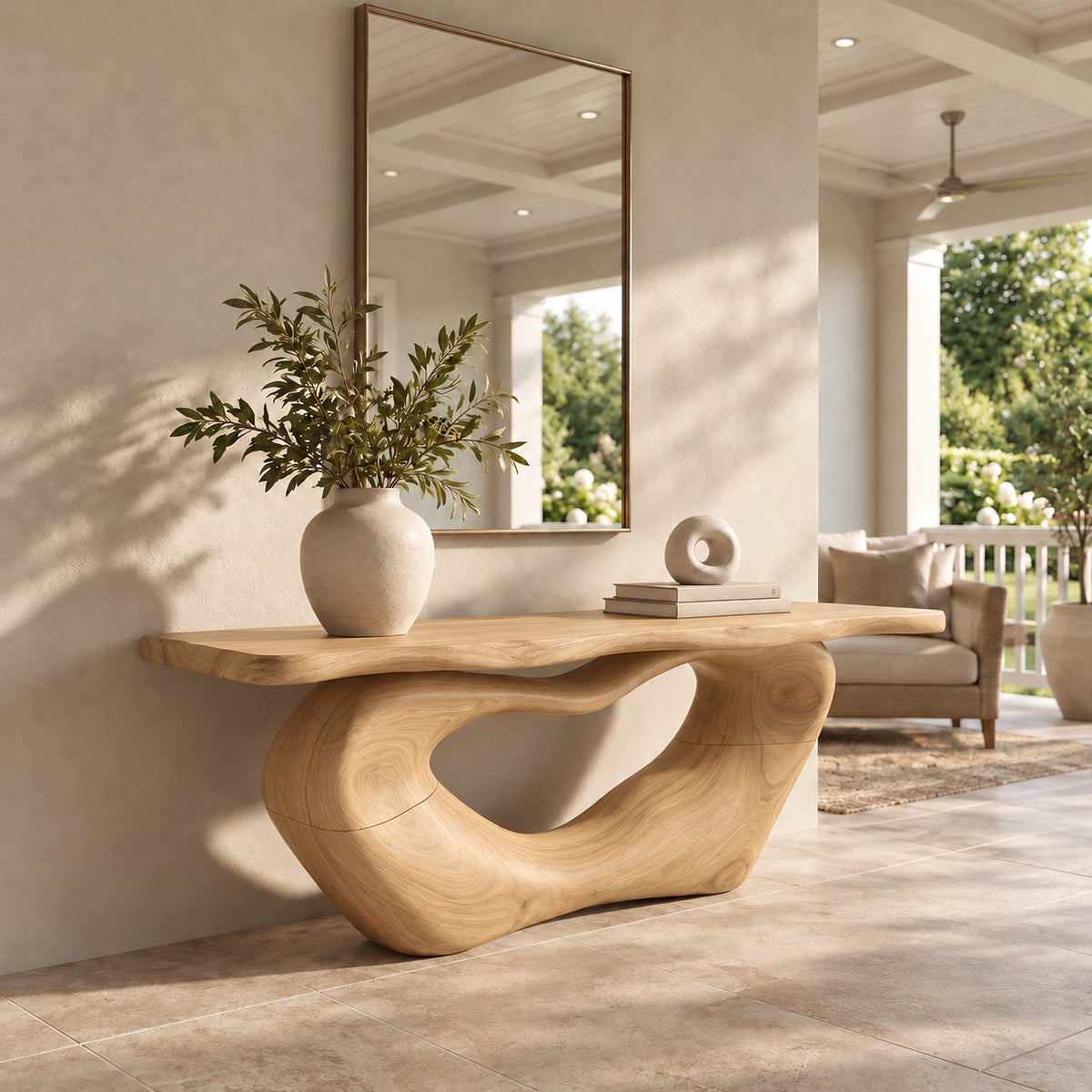 Organic Live Edge Console Table With Sculpted Loop Base For Entryway