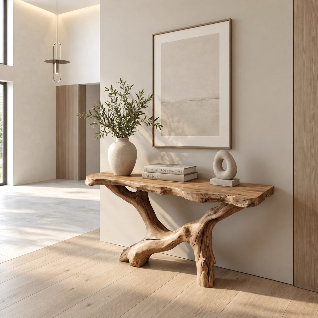 Handcrafted Driftwood Console Table With Crossed Root Base For Entryway