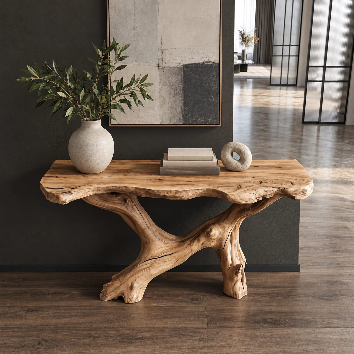 Handcrafted Driftwood Console Table With Crossed Root Base For Entryway