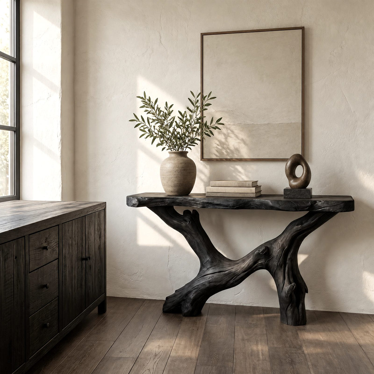 Handcrafted Driftwood Console Table With Crossed Root Base For Entryway