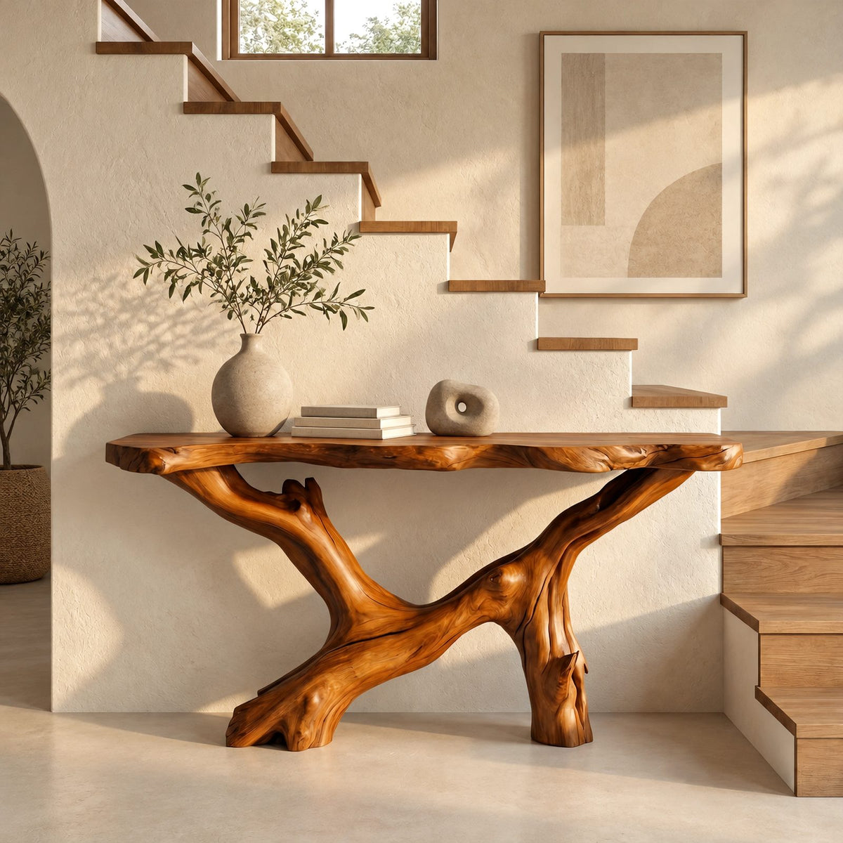 Handcrafted Driftwood Console Table With Crossed Root Base For Entryway