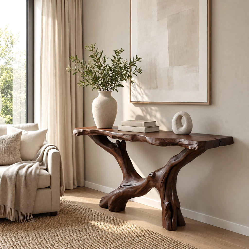 Handcrafted Driftwood Console Table With Crossed Root Base For Entryway