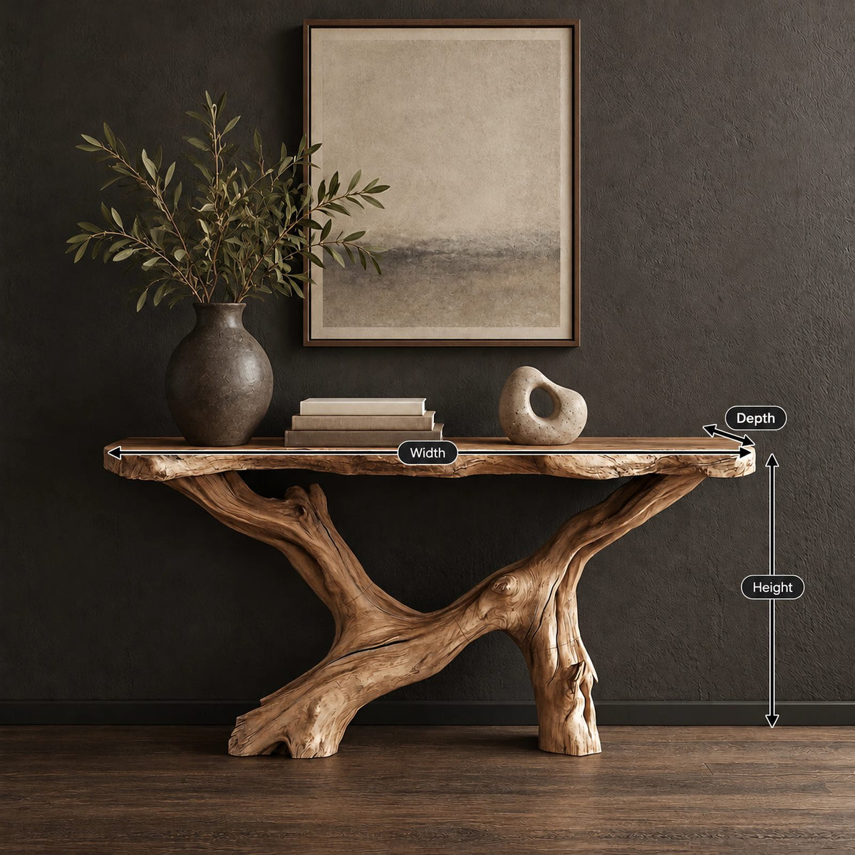Handcrafted Driftwood Console Table With Crossed Root Base For Entryway