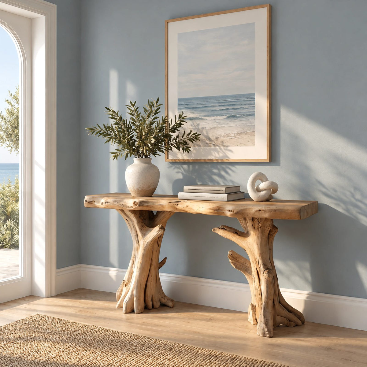 Nature Inspired Live Edge Console Table With Twin Trunk Legs For Hallway