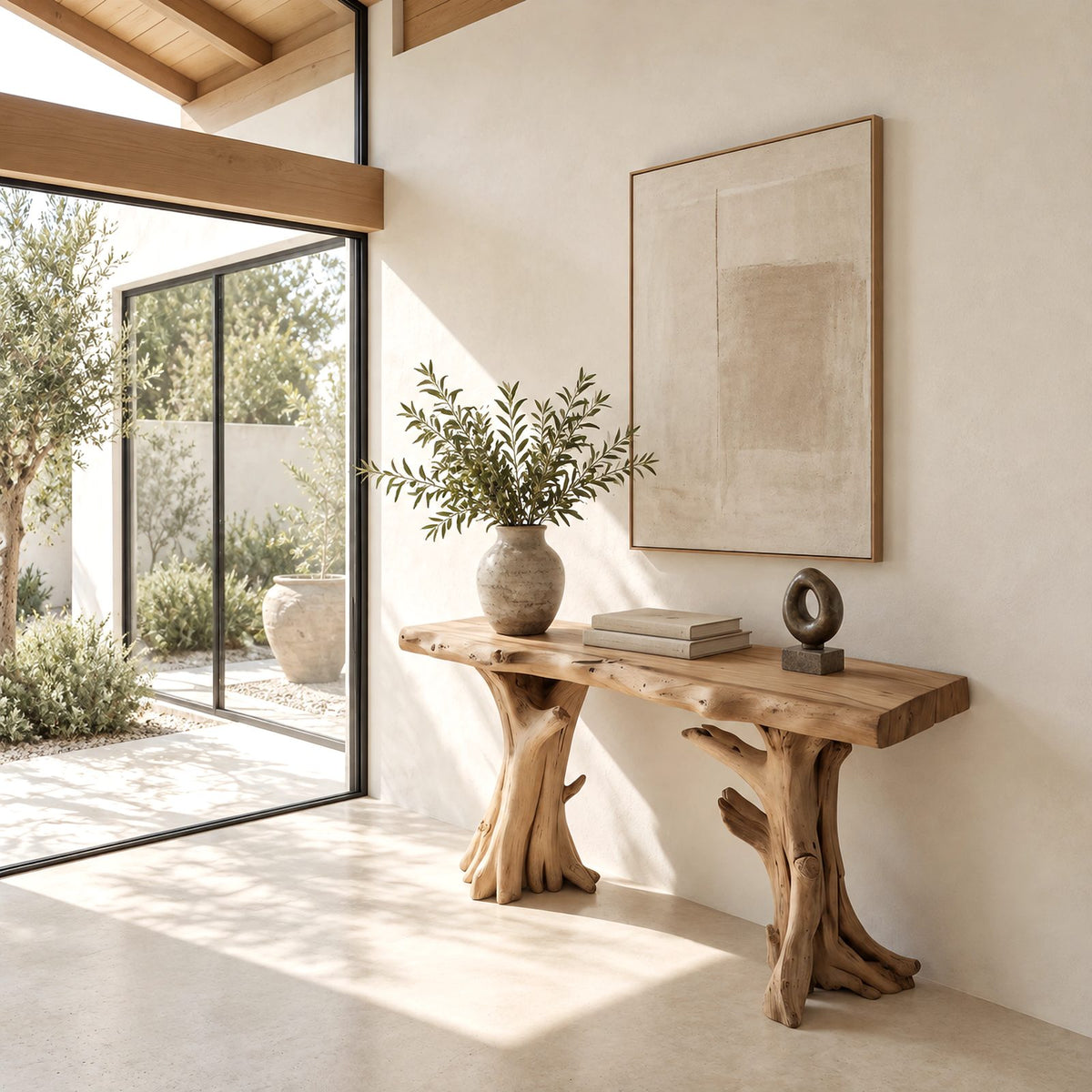 Nature Inspired Live Edge Console Table With Twin Trunk Legs For Hallway