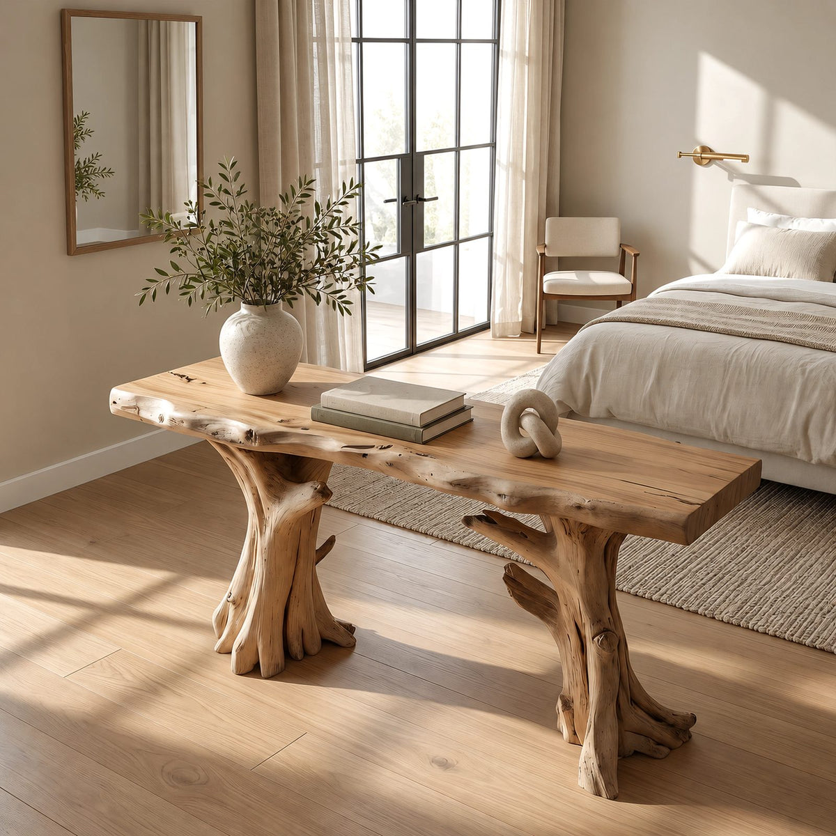 Nature Inspired Live Edge Console Table With Twin Trunk Legs For Hallway