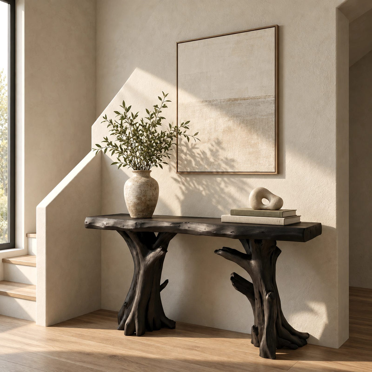 Nature Inspired Live Edge Console Table With Twin Trunk Legs For Hallway