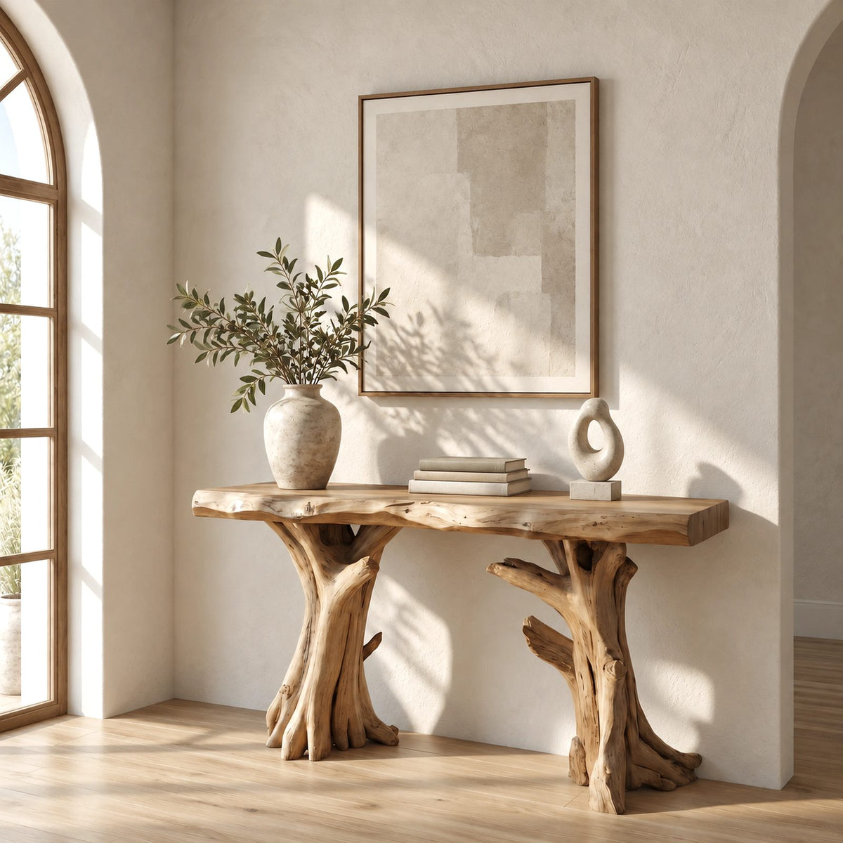 Nature Inspired Live Edge Console Table With Twin Trunk Legs For Hallway