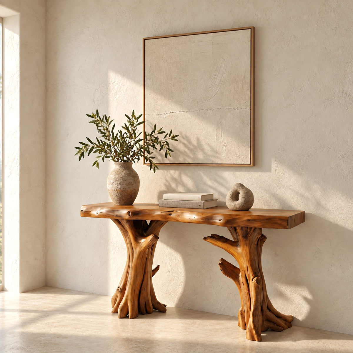 Nature Inspired Live Edge Console Table With Twin Trunk Legs For Hallway