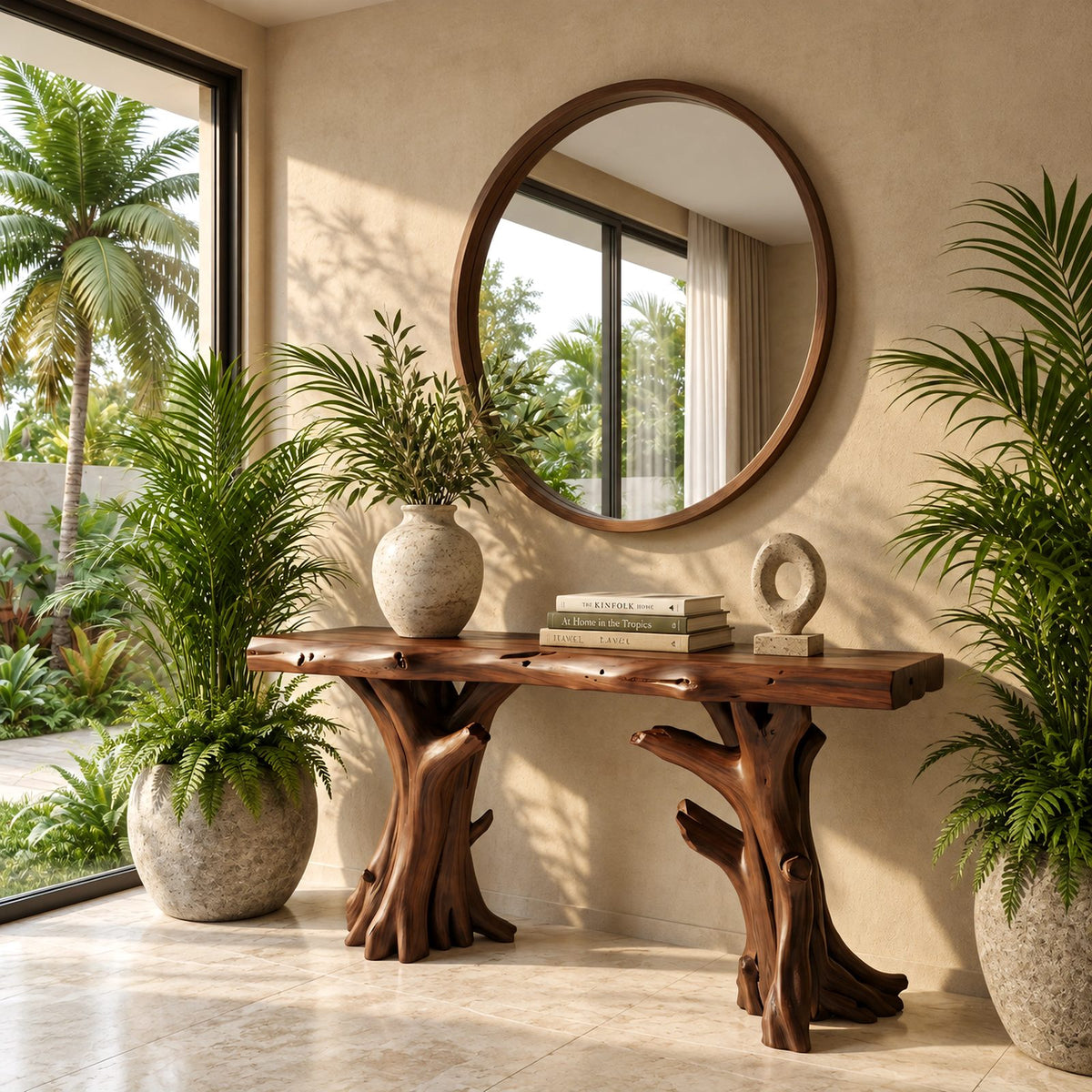 Nature Inspired Live Edge Console Table With Twin Trunk Legs For Hallway