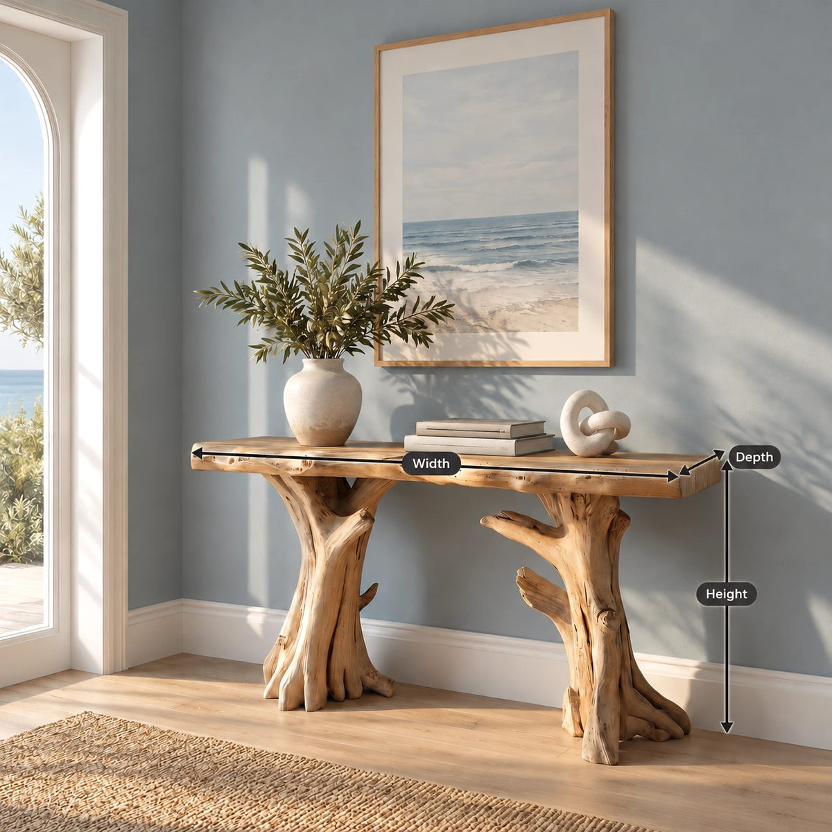 Nature Inspired Live Edge Console Table With Twin Trunk Legs For Hallway