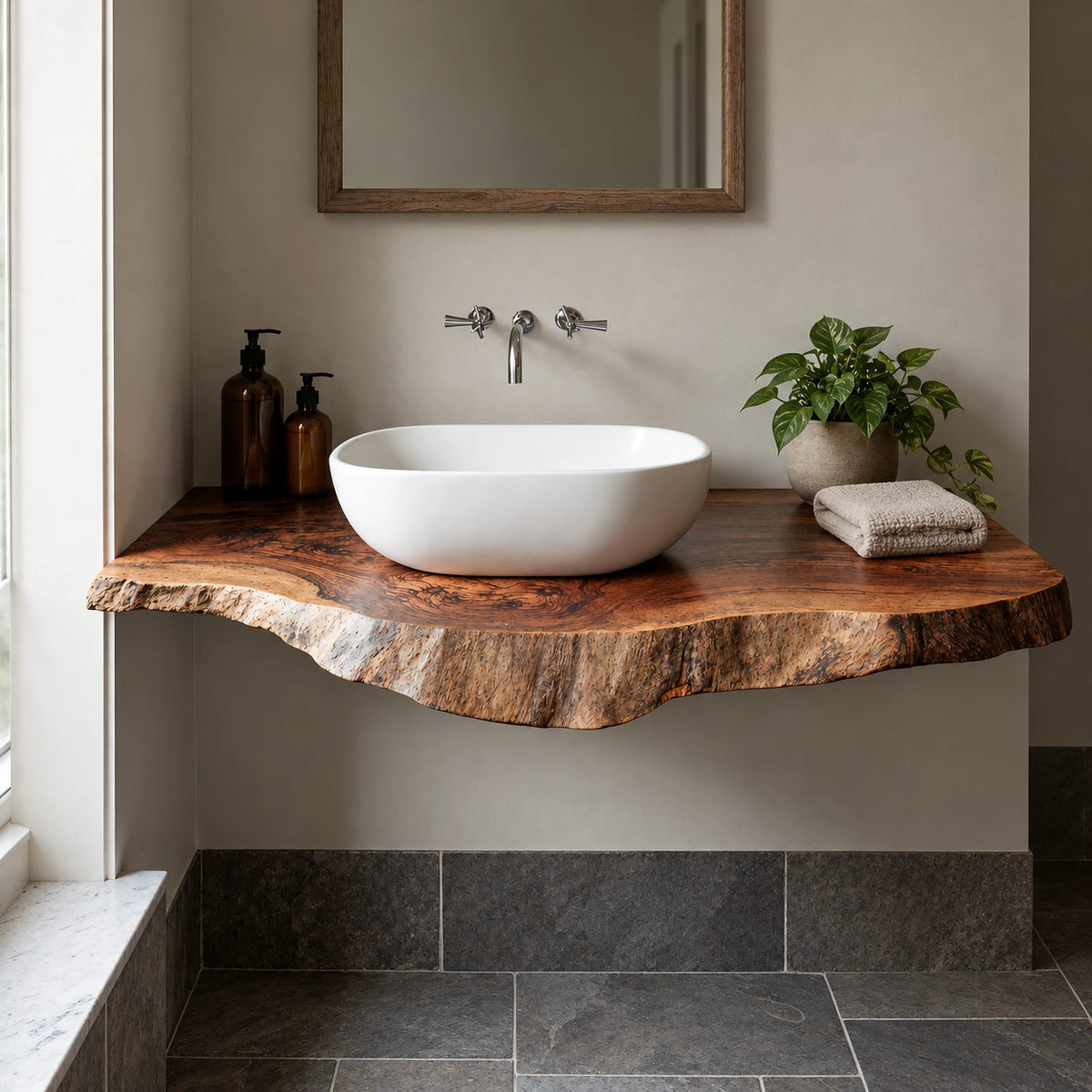 Farmhouse Live Edge Floating Bathroom Vanity With Wall Mounted Slab