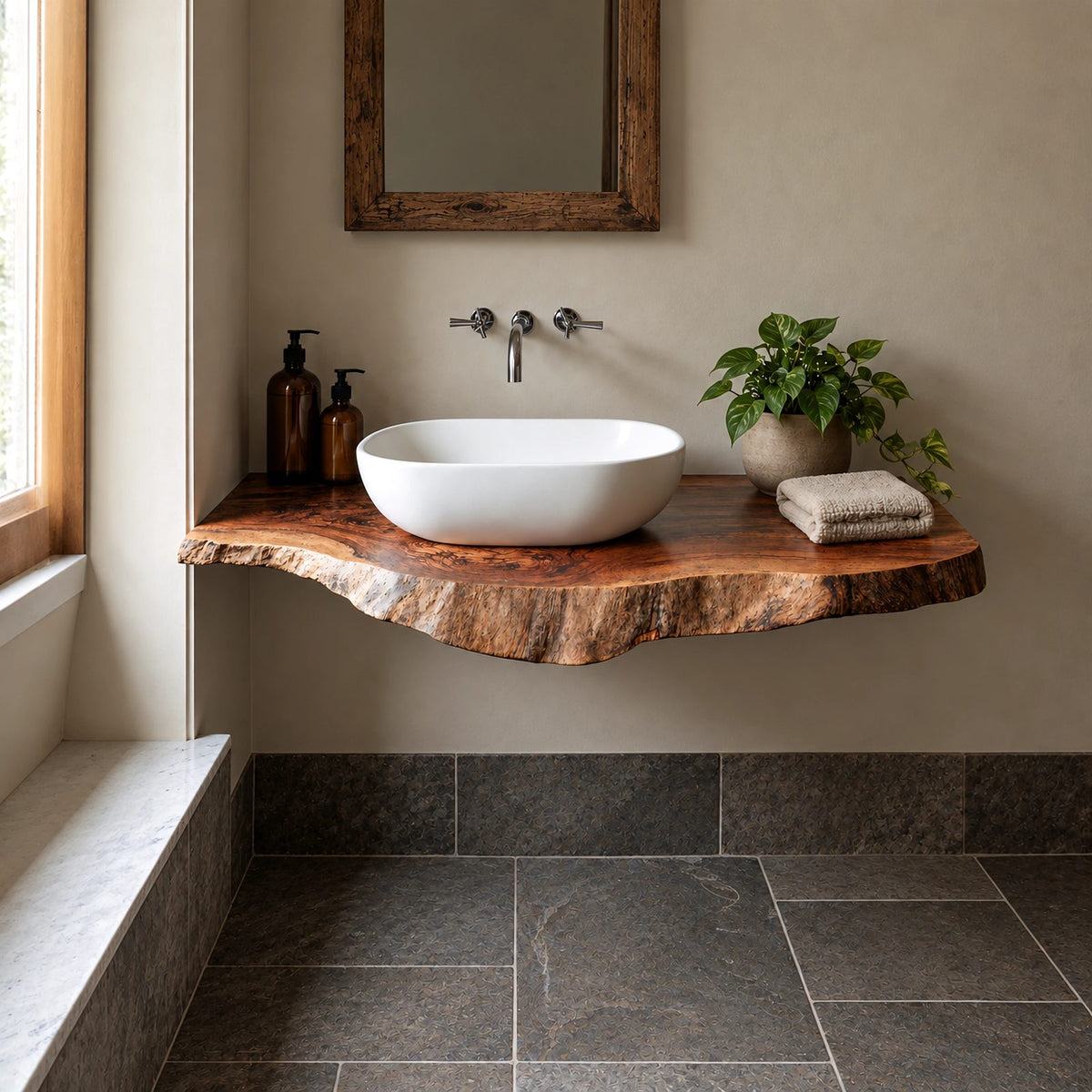 Farmhouse Live Edge Floating Bathroom Vanity With Wall Mounted Slab