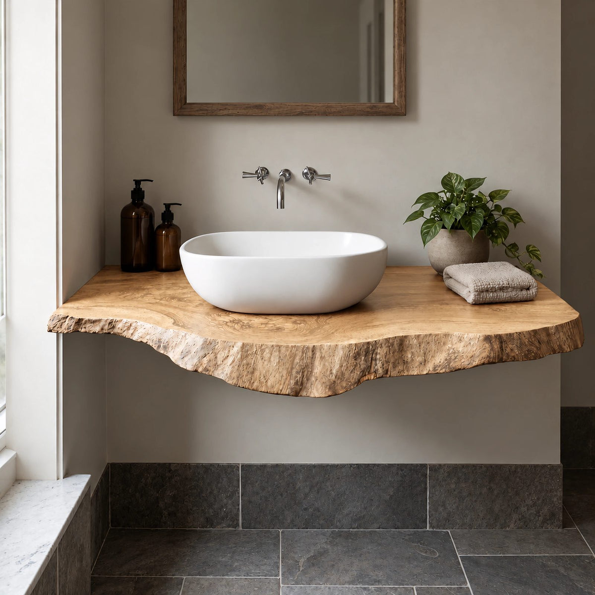 Farmhouse Live Edge Floating Bathroom Vanity With Wall Mounted Slab