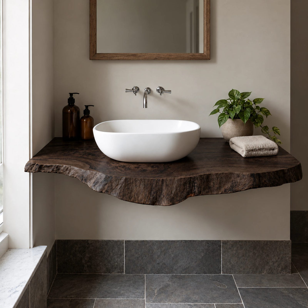 Farmhouse Live Edge Floating Bathroom Vanity With Wall Mounted Slab