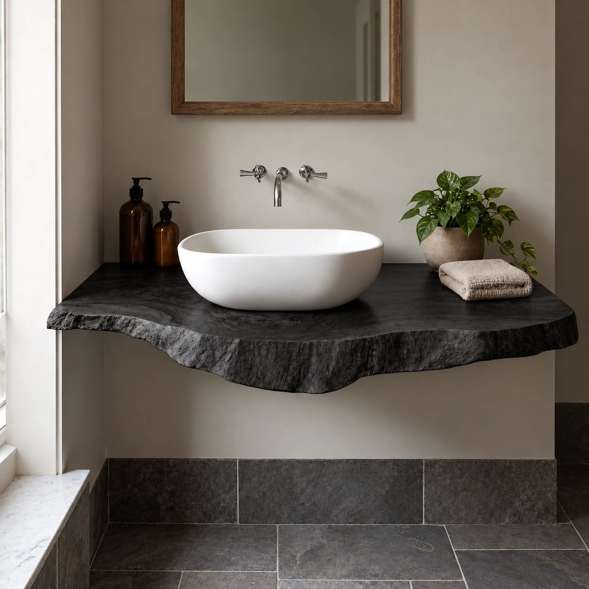 Farmhouse Live Edge Floating Bathroom Vanity With Wall Mounted Slab