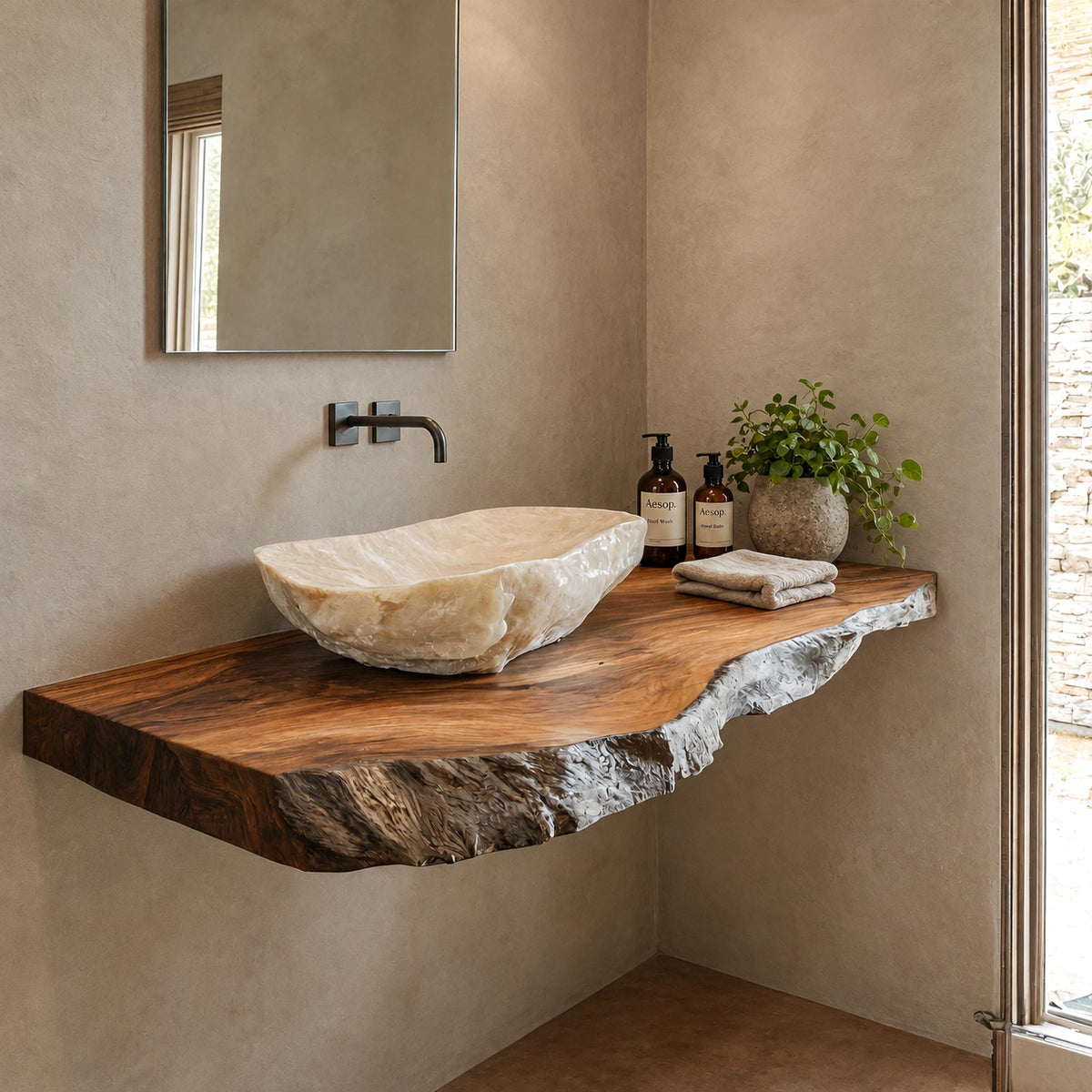 Natural Edge Floating Bathroom Vanity With Rough Hewn Slab Front
