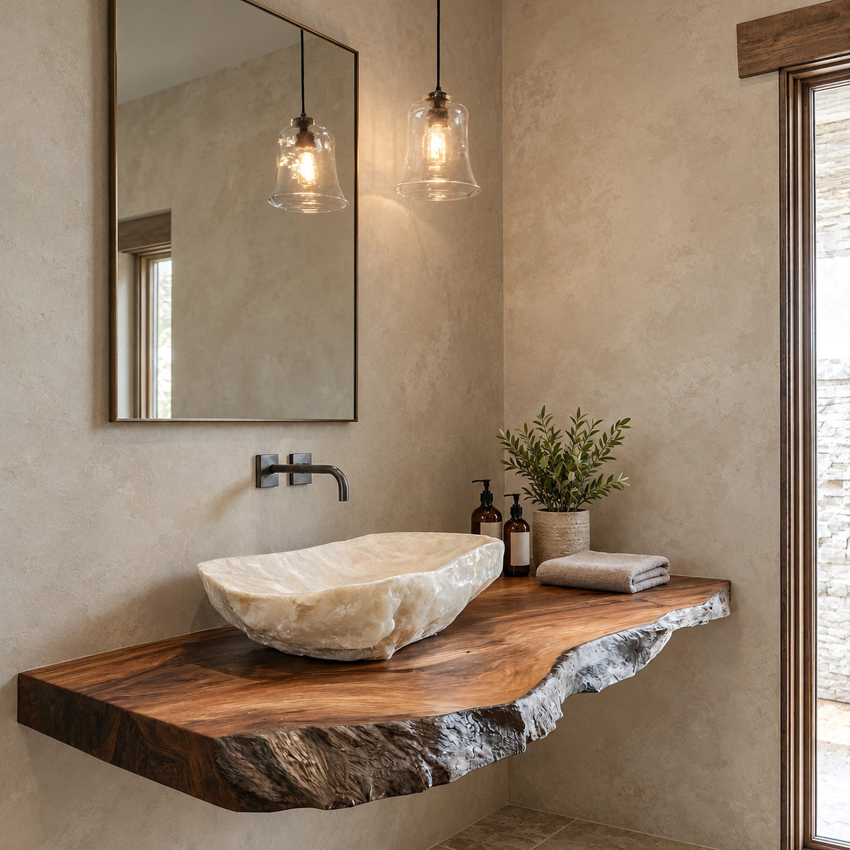 Natural Edge Floating Bathroom Vanity With Rough Hewn Slab Front