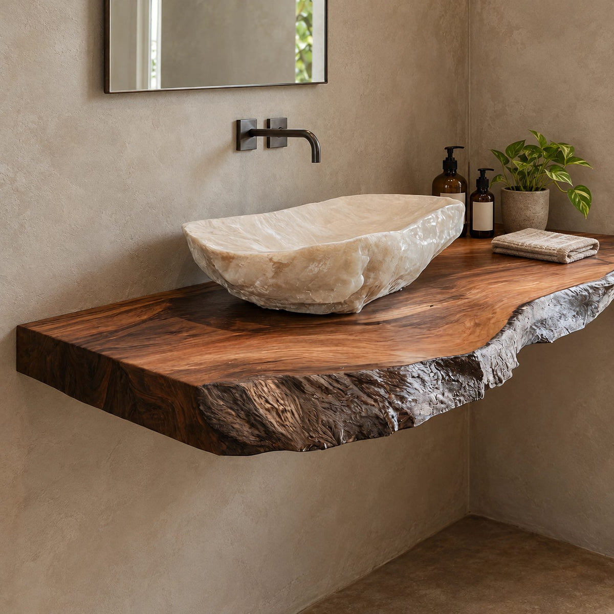 Natural Edge Floating Bathroom Vanity With Rough Hewn Slab Front