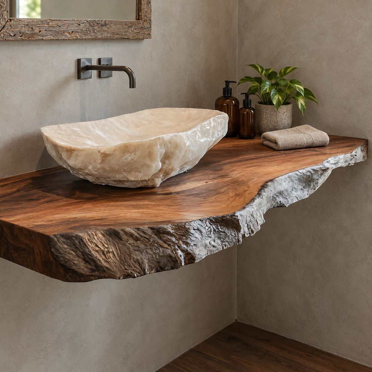 Natural Edge Floating Bathroom Vanity With Rough Hewn Slab Front