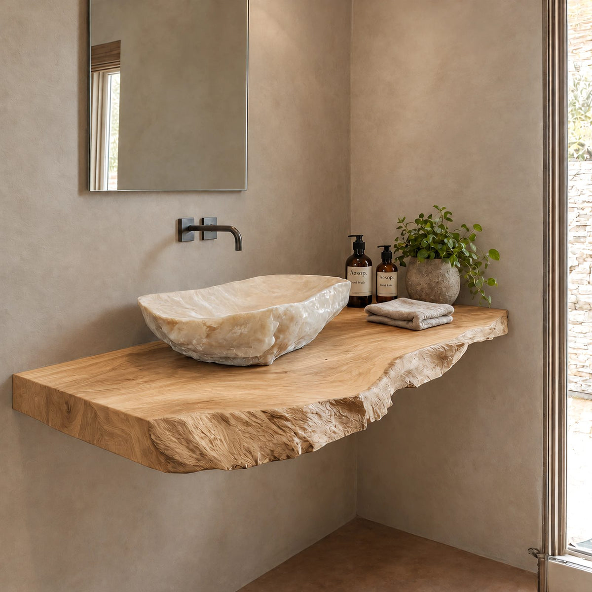 Natural Edge Floating Bathroom Vanity With Rough Hewn Slab Front