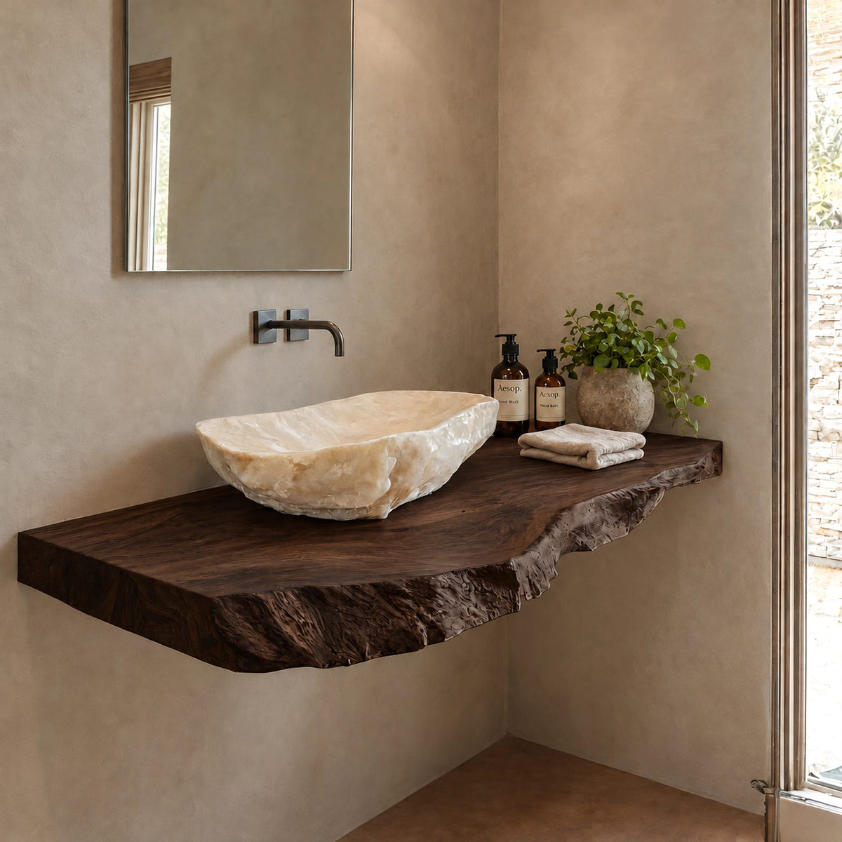 Natural Edge Floating Bathroom Vanity With Rough Hewn Slab Front