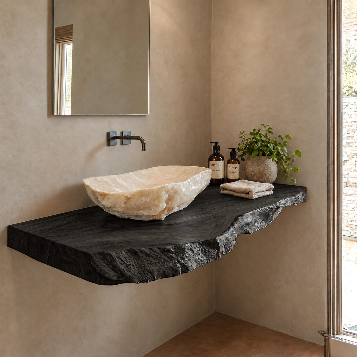 Natural Edge Floating Bathroom Vanity With Rough Hewn Slab Front