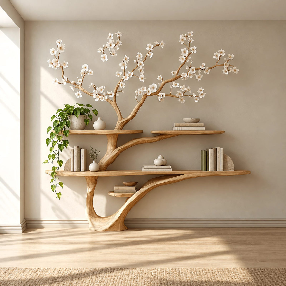 Organic Sculptural Tree Bookshelf With Sweeping Trunk For Living Room