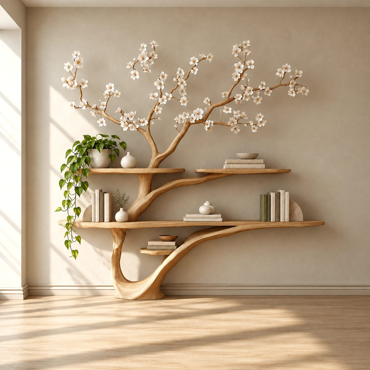 Organic Sculptural Tree Bookshelf With Sweeping Trunk For Living Room