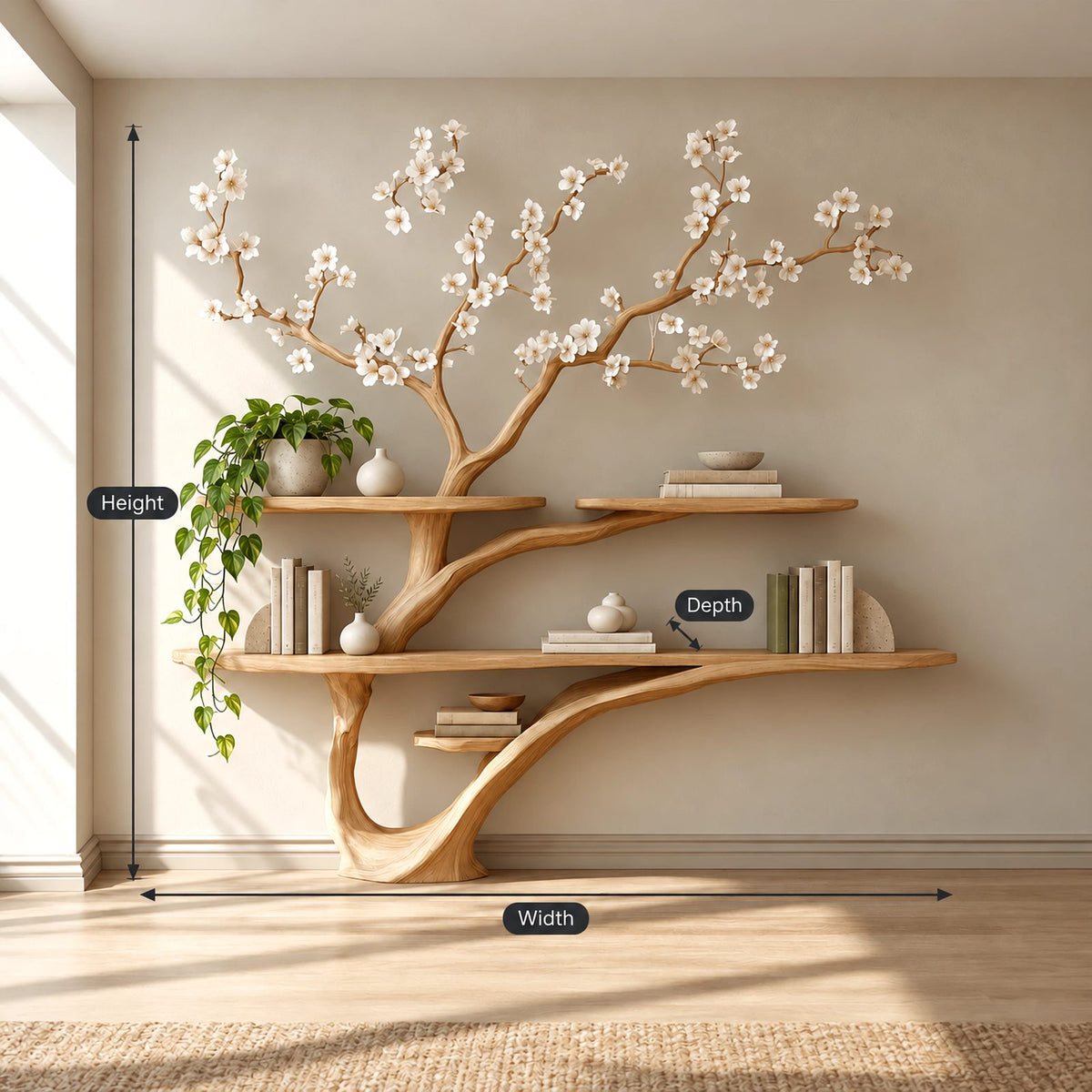 Organic Sculptural Tree Bookshelf With Sweeping Trunk For Living Room