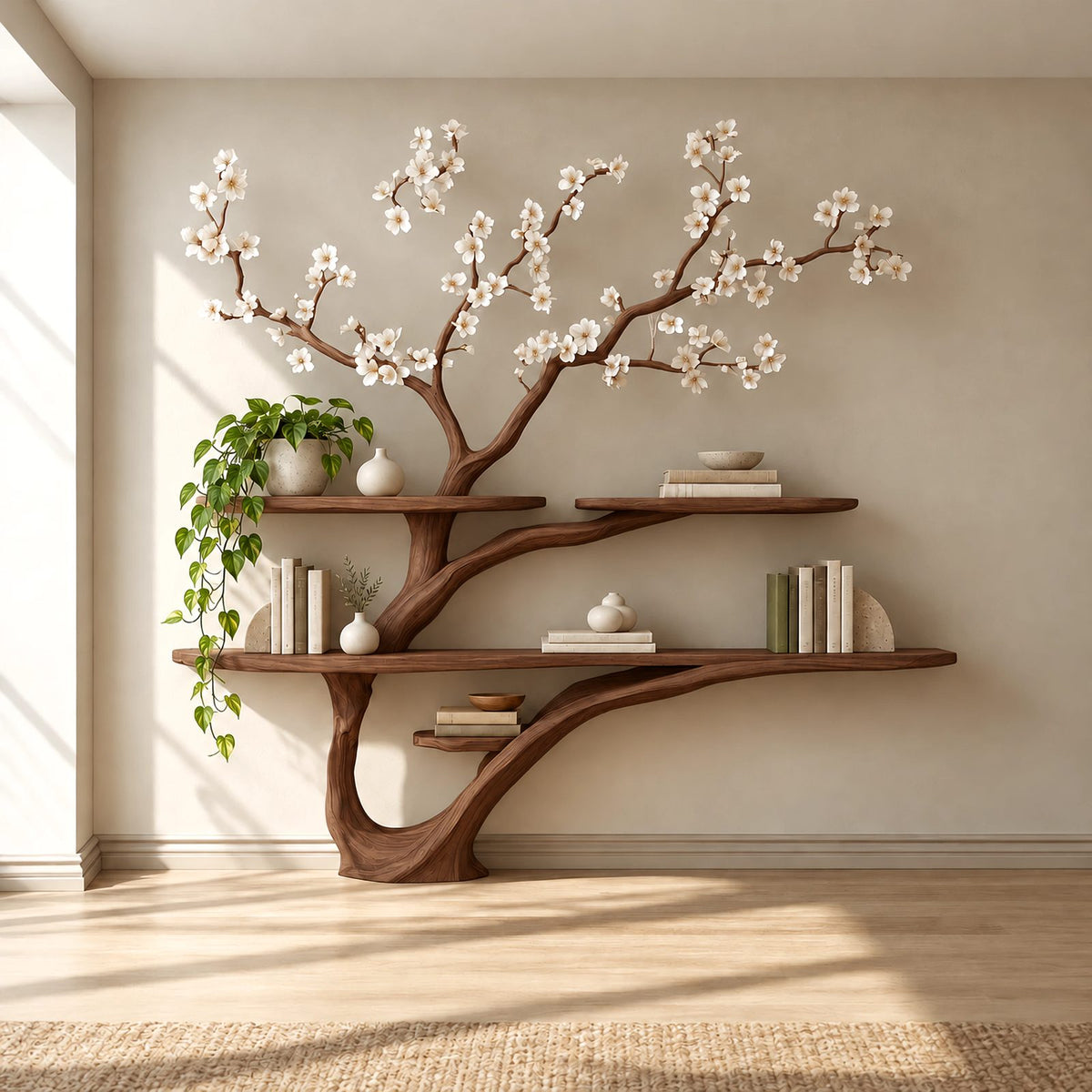Organic Sculptural Tree Bookshelf With Sweeping Trunk For Living Room