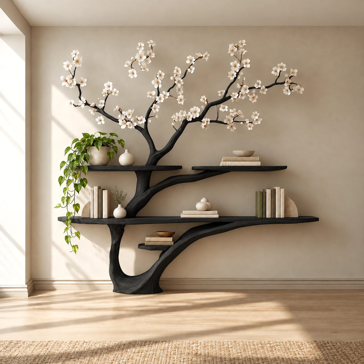 Organic Sculptural Tree Bookshelf With Sweeping Trunk For Living Room