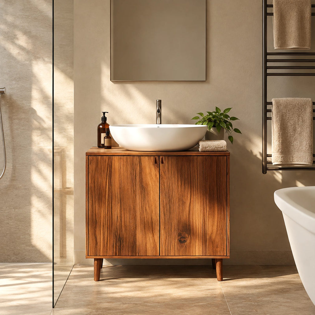 Mid Century Solid Wood Bathroom Vanity Cabinet With Tapered Legs