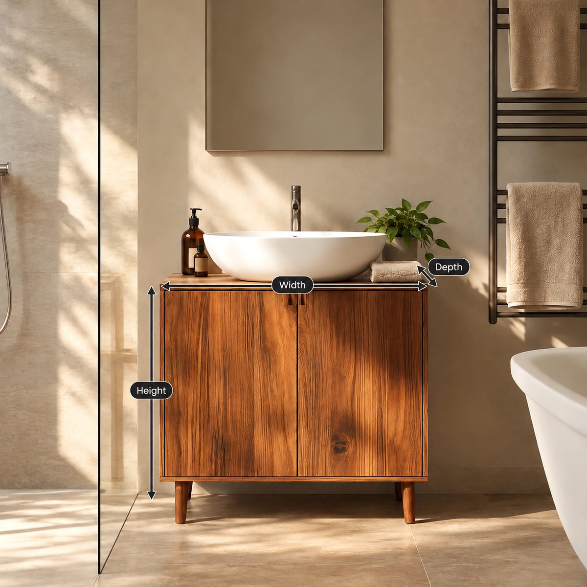 Mid Century Solid Wood Bathroom Vanity Cabinet With Tapered Legs