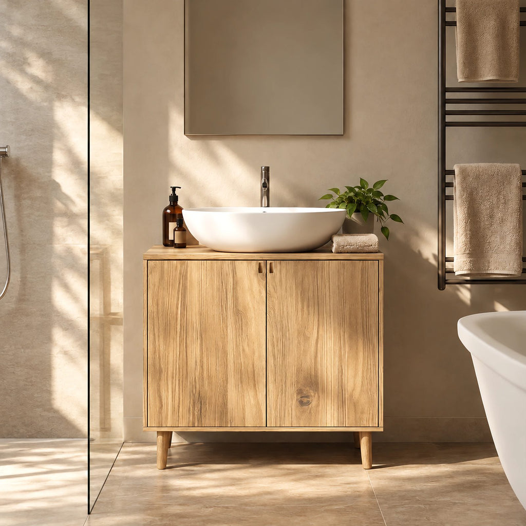 Mid Century Solid Wood Bathroom Vanity Cabinet With Tapered Legs