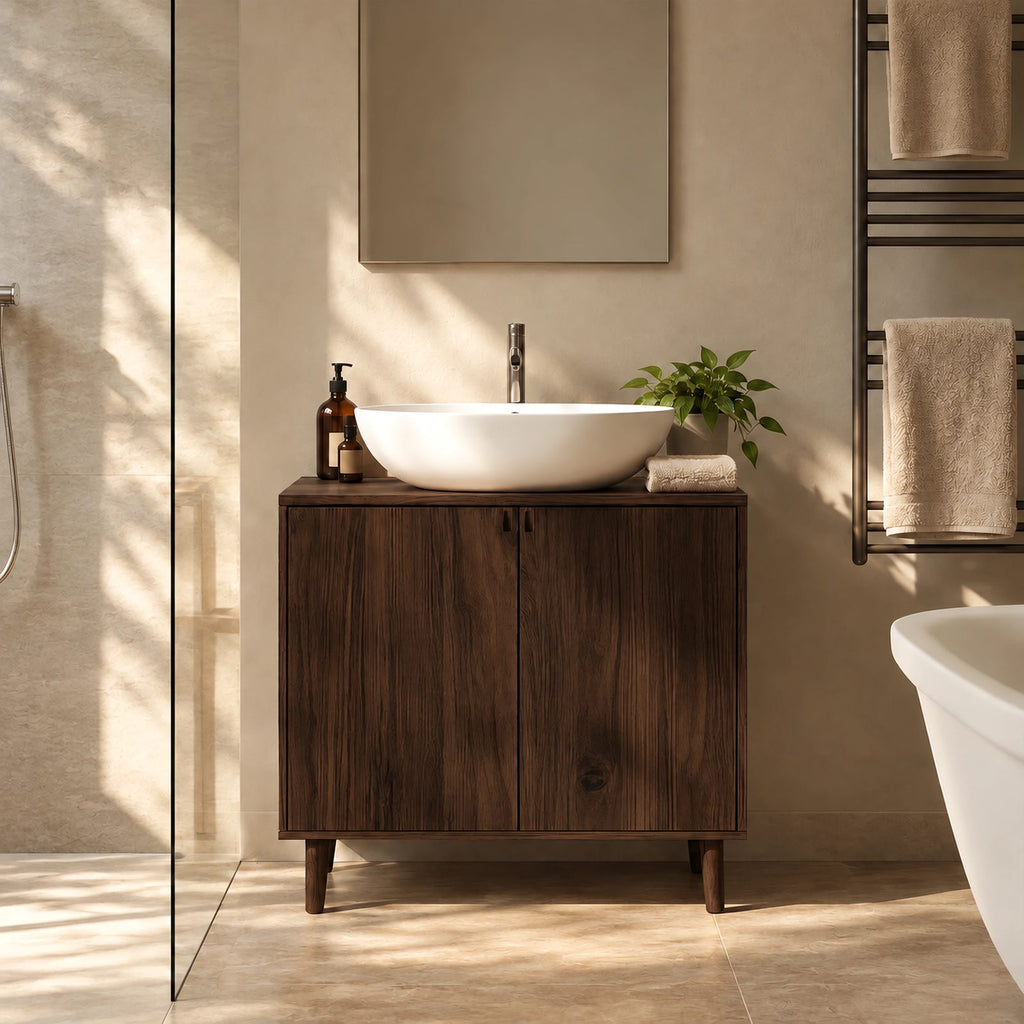 Mid Century Solid Wood Bathroom Vanity Cabinet With Tapered Legs