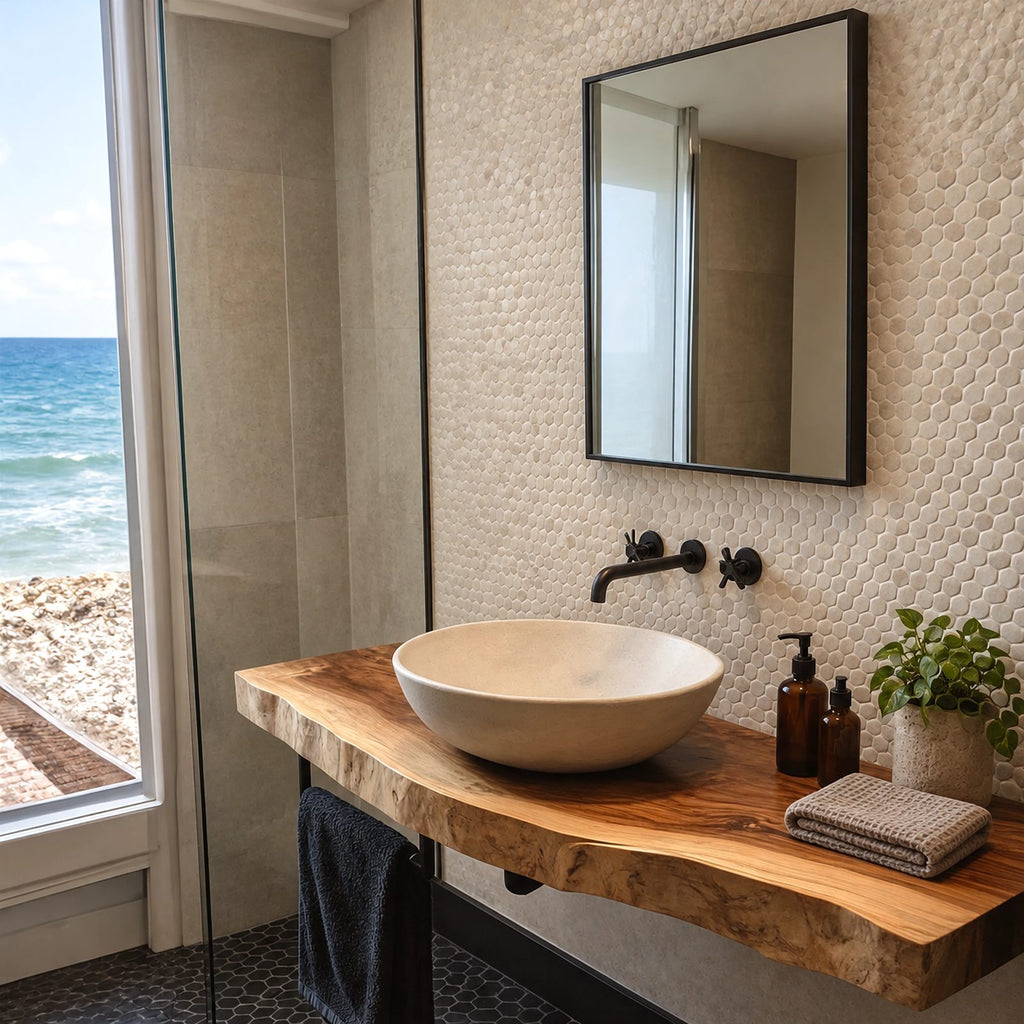 Coastal Solid Wood Floating Bathroom Vanity With Live Edge Front