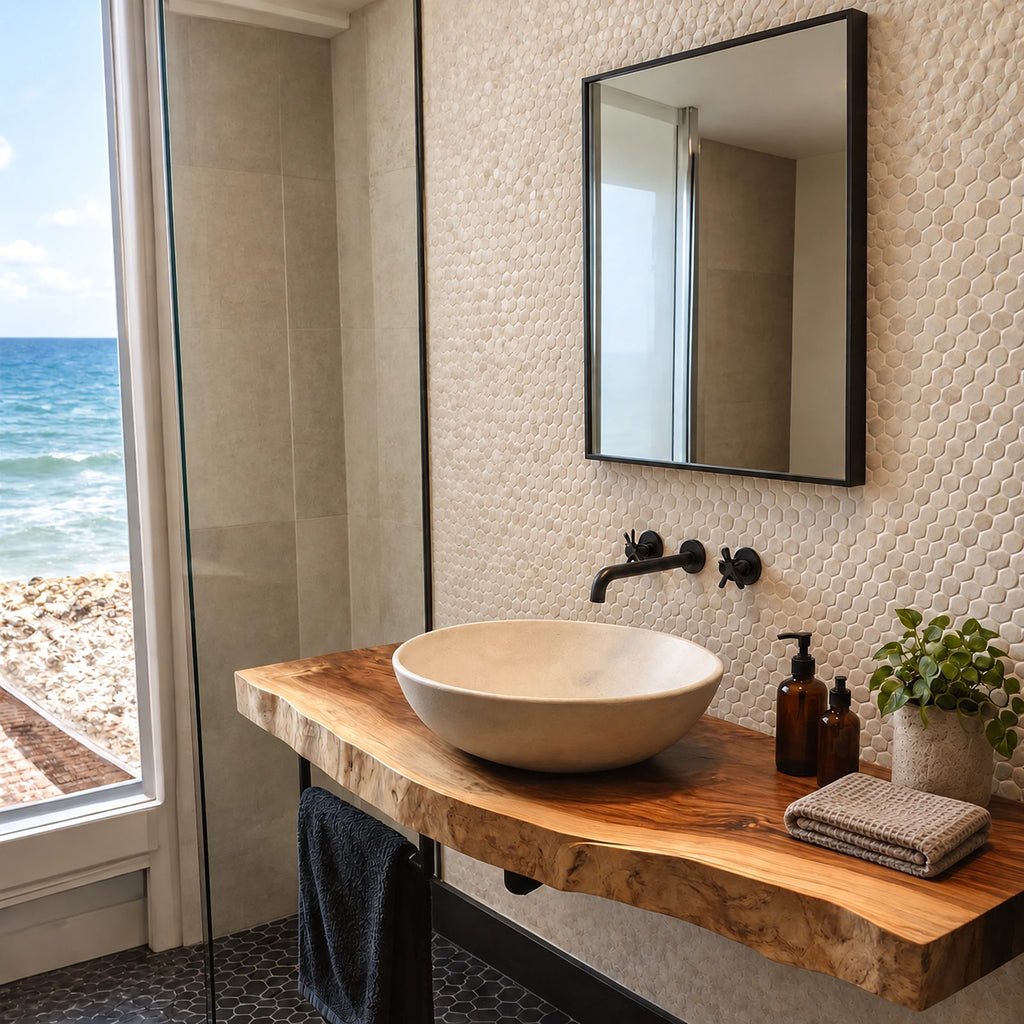Coastal Solid Wood Floating Bathroom Vanity With Live Edge Front