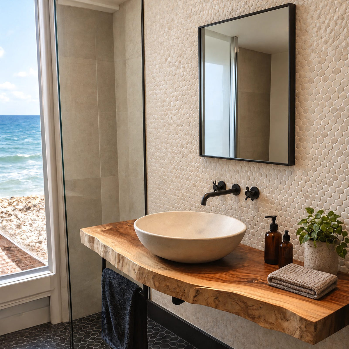 Coastal Solid Wood Floating Bathroom Vanity With Live Edge Front
