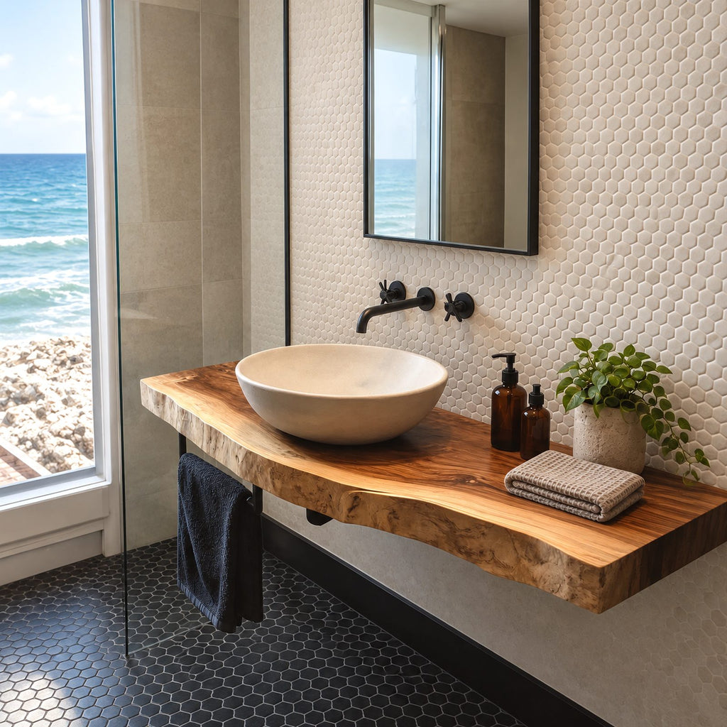 Coastal Solid Wood Floating Bathroom Vanity With Live Edge Front