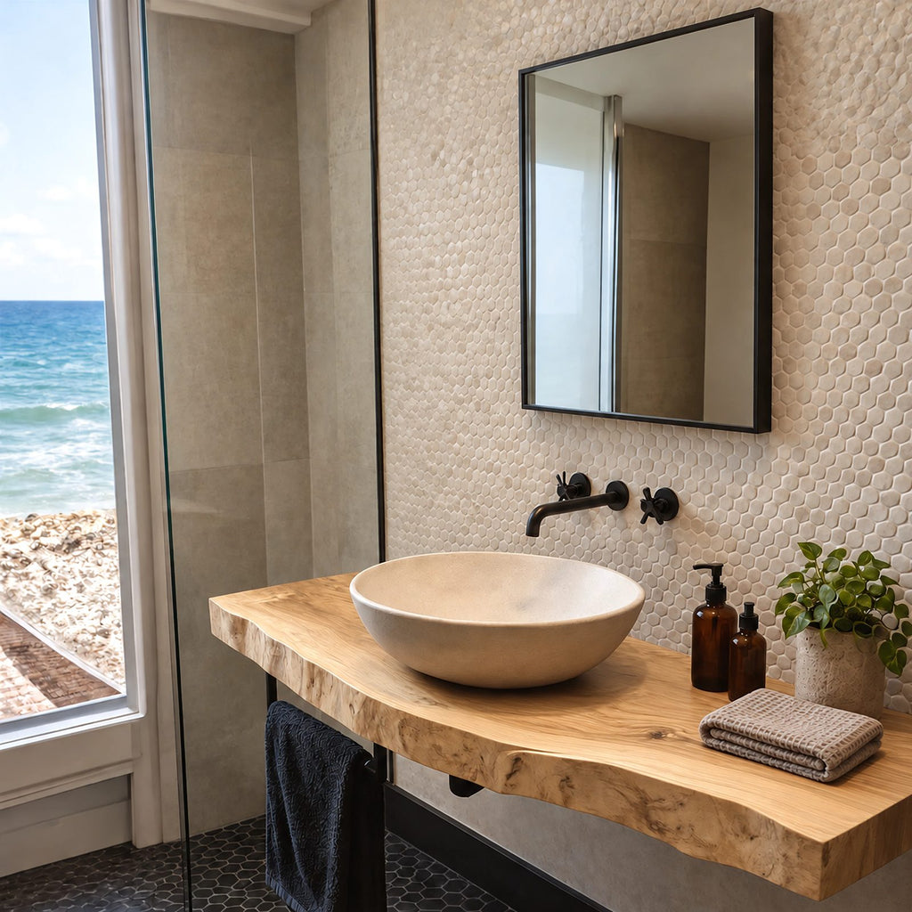 Coastal Solid Wood Floating Bathroom Vanity With Live Edge Front