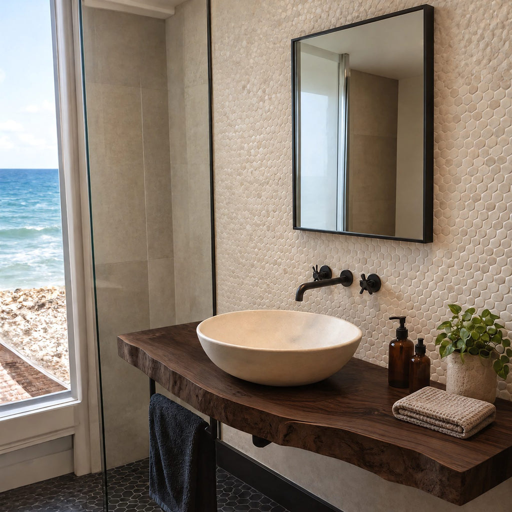 Coastal Solid Wood Floating Bathroom Vanity With Live Edge Front