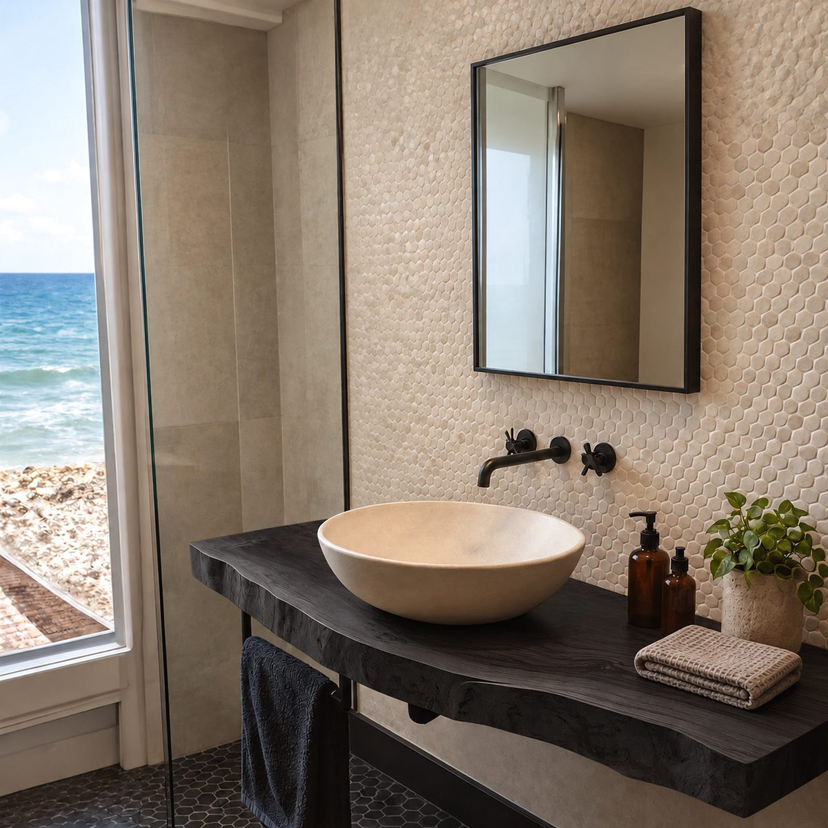 Coastal Solid Wood Floating Bathroom Vanity With Live Edge Front