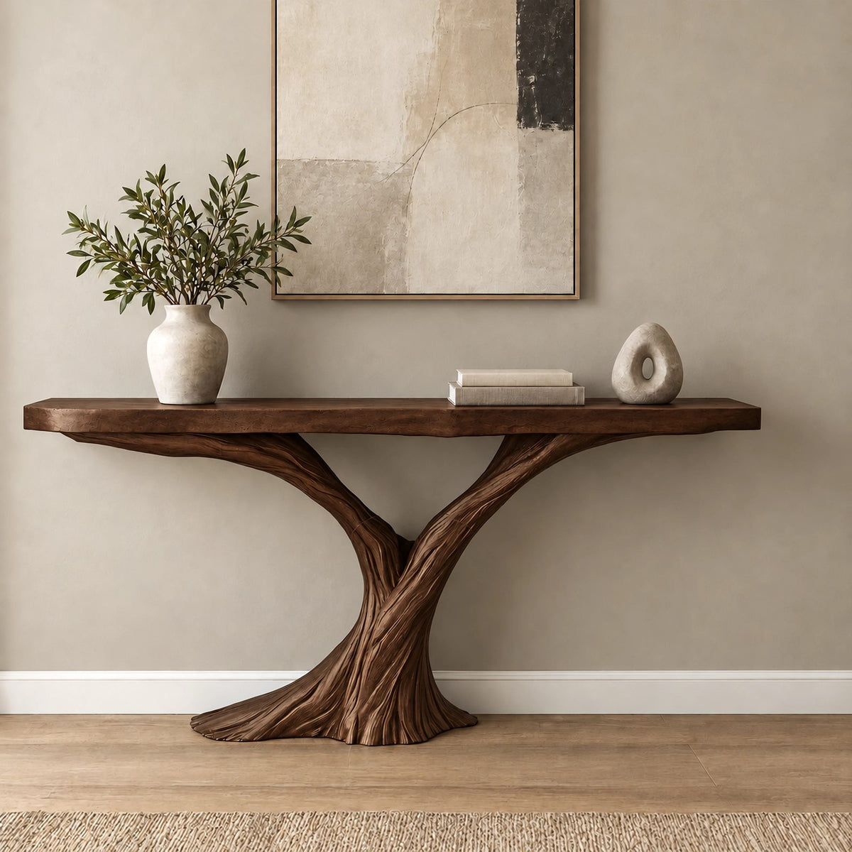 Sculptural Solid Wood Console Table With Twisted Trunk Base For Entryway